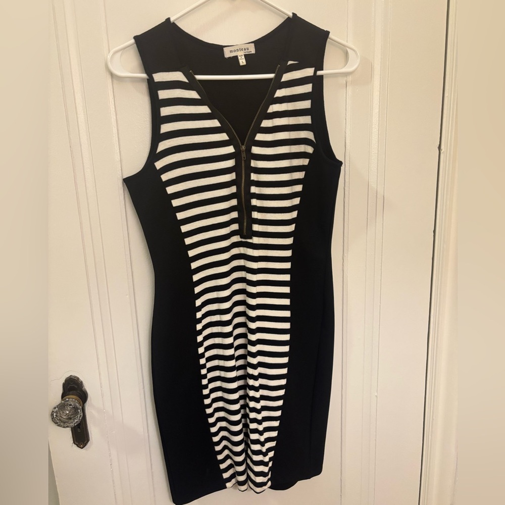 Ladies Black and White Little Black Dress with stripes and zipper detail